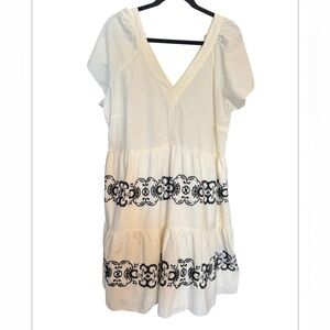 Ivory Short Sleeve V-Neck Dress with Black Embroidery